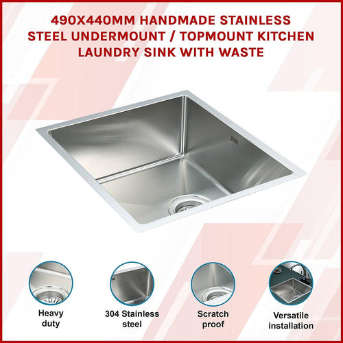 490x440mm Stainless Steel Handmade 1.2mm Sink with Waste in Stainless Steel 304 Finish