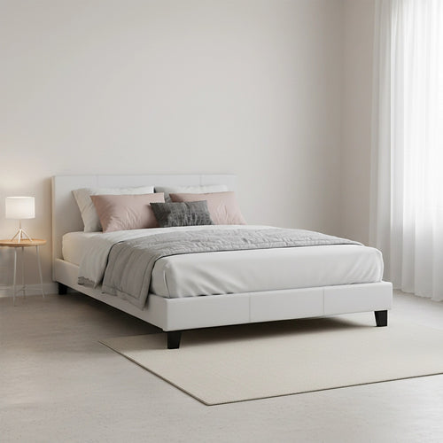 Queen Size Bed Frame with Headboard – White PU Leather