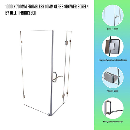 Frameless 10mm Glass Shower Screen 100 x 70cm Nickel Hinges/Brackets and Round Handle