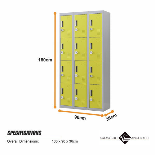 12-Door Steel Locker – Grey with Yellow Door, 3-Digit Combination Lock