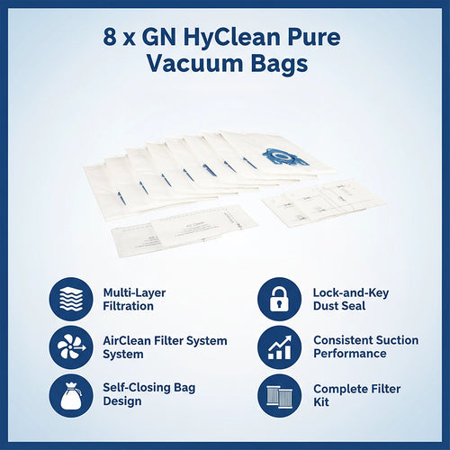 8 x GN HyClean Pure Vacuum Bags – Miele Compatible Dust Bags with High Filtration