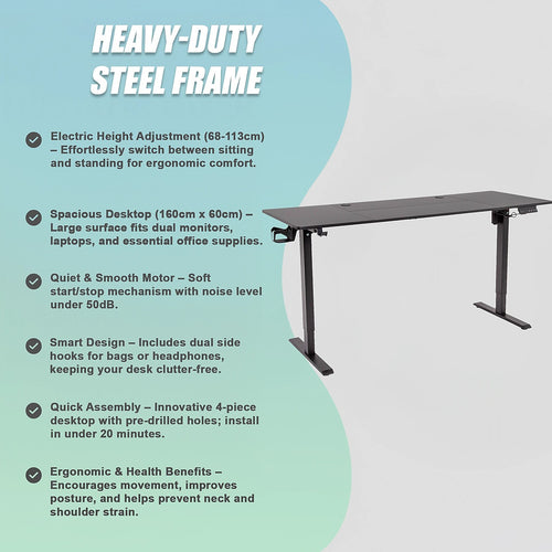 160cm Electric Standing Desk – Height Adjustable Sit Stand Office Table in Black Finish
