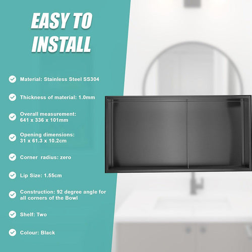 641 x 336 x 101mm Shower Niche Double Shelf Organizer No Tile Needed in Black 