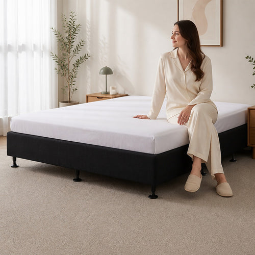 Queen Slatted Ensemble Bed Base - Black Linen Breathable Cover