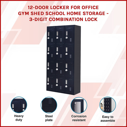 12-Door Locker – Black with 3-Digit Combination Lock | Secure Storage for Office, Gym or School Use