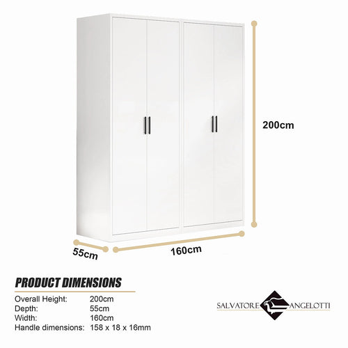 160x200cm 4-Door White Steel Shelf Wardrobe with Black Handle Storage Cabinet