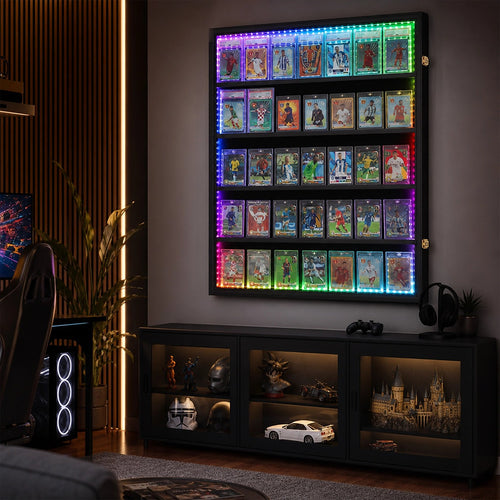 LED Trading Card Display Case for 35 Graded Cards Lockable Wall Frame