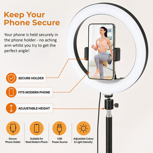 12 Inch LED Video Ring Light with Tabletop Light Stand and Phone Holder Black