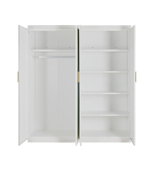 4 Door White Wardrobe Cabinet – Hanging Rail, Shelves & Gold Handles