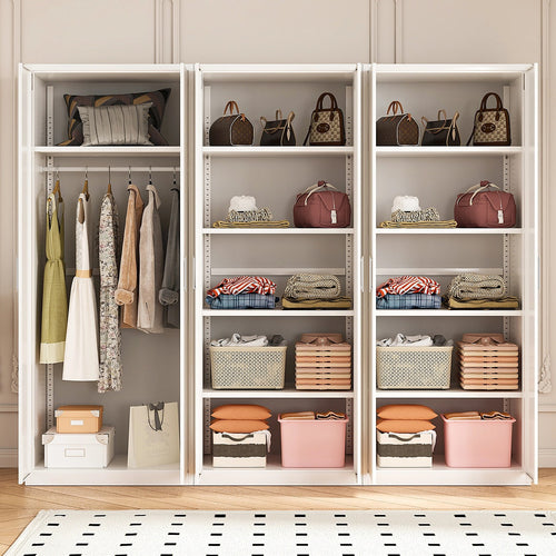 240x200cm 6-Door White Steel 1 Hanging and 2 Shelf Wardrobe with White Handle Storage Cabinet