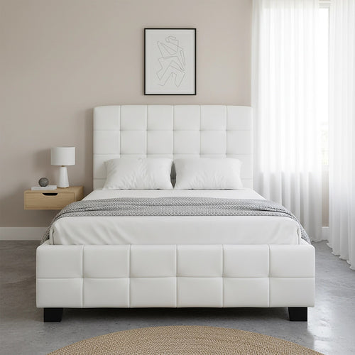 King Single Deluxe White PU Leather Upholstered Bed Frame with Headboard & Slats