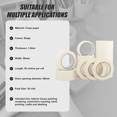 Painter's Masking Tape 50mm x 50m 36 Roll Pack Crepe Paper Painting Tape
