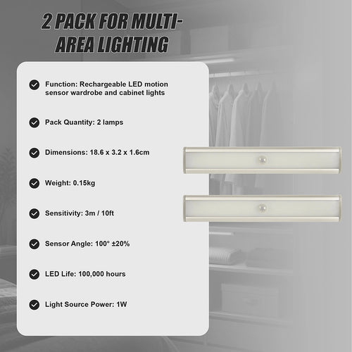 Wardrobe Lights with Sensor – 2-Pack Rechargeable LED Motion Detection