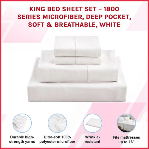 King Bed Sheet Set – 1800 Series Microfiber, Deep Pocket, Soft & Breathable, White