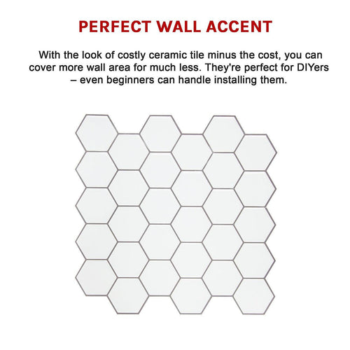 Tiles 3D Peel and Stick Wall Tile Hexagon White 10 Sheets