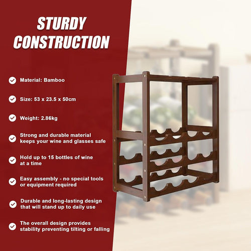 Bamboo Wine Rack Free Standing 15 Bottles with 6 Glasses Holder Storage in Dark Brown