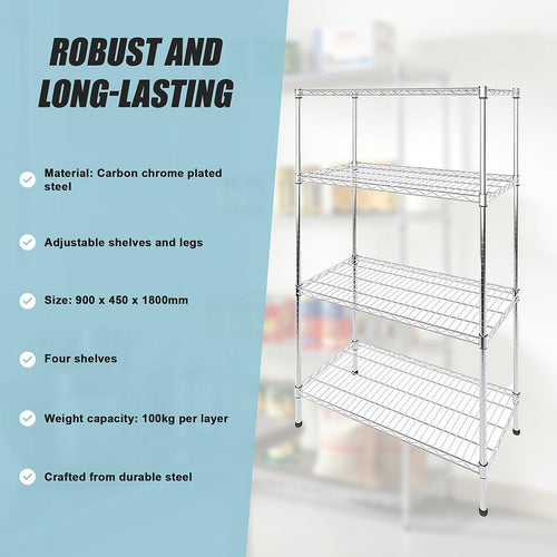 Modular Wire Storage Shelf 900 x 450 x 1800mm Steel Shelving - Carbon Chrome Plated