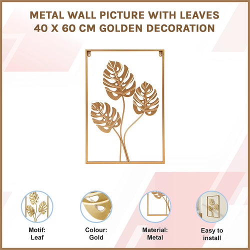 Metal Wall Picture with Leaves 40 x 60 cm Golden Decoration