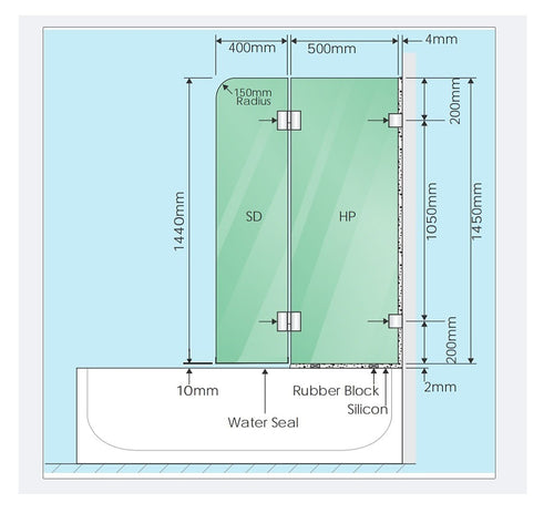90cm Frameless Glass Bath Screen with Channel and Stainless Steel Hinges- Chrome