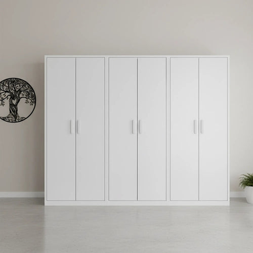240x200cm 6-Door White Steel 2 Hanging and 1 Shelf Wardrobe with White Handle Storage Cabinet