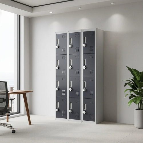 12-Door Locker – Grey with Charcoal Door with 4-Digit Combination Lock | Secure Storage for Office, Gym or School Use