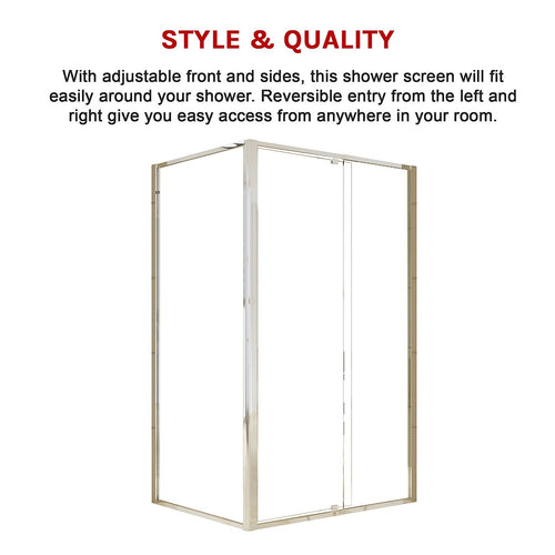 Adjustable Semi Frameless Shower Screen Front: (114~122)x195cm with Gold Hardware and Side: (89~92)x195cm