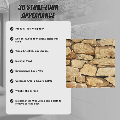 Rock Brick Wallpaper – Rustic 3D Stone Look Vinyl Roll