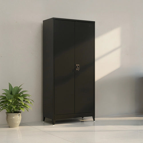 Double-Door Metal Cabinet with 4 Shelves – Office, Garage, or Home Storage in Black with Legs
