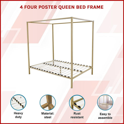 4 Four Poster Queen Bed Frame - Gold