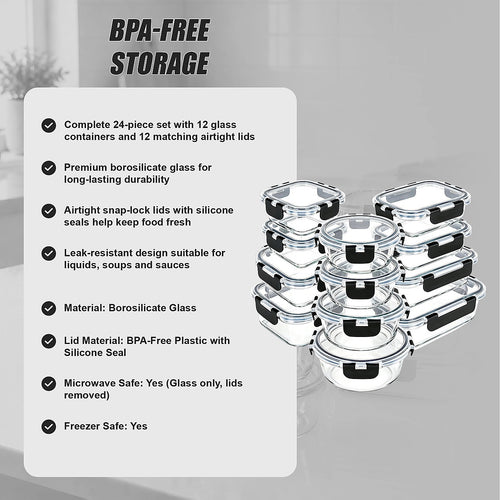 24 Piece Glass Food Storage Containers with Airtight Leakproof Lids Meal Prep Kitchen Storage Set