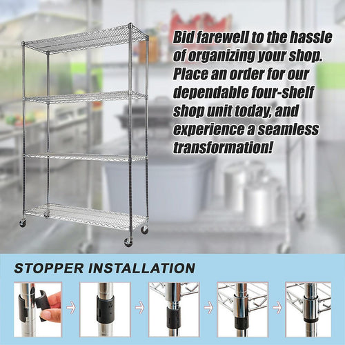 Modular Wire Storage Shelf 1500 x 350 x 1800mm Steel Shelving - Carbon Chrome Plated with Wheels