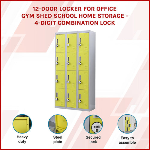 12-Door Locker – Grey with Yellow Door with 4-Digit Combination Lock | Secure Storage for Office, Gym or School Use