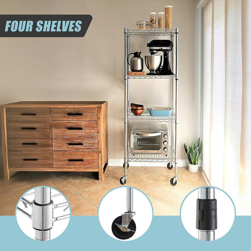 Modular Wire Storage Shelf 350 x 350 x 1800mm Steel Shelving - Carbon Chrome Plated with Wheels