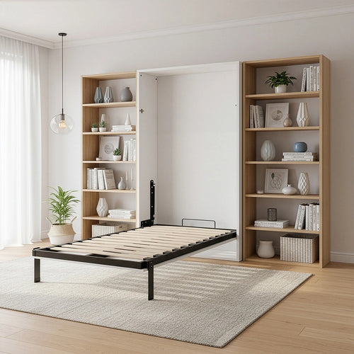 Single Wall Bed in White Gloss – Space Saving Murphy Bed Kit with Silver Door Handle