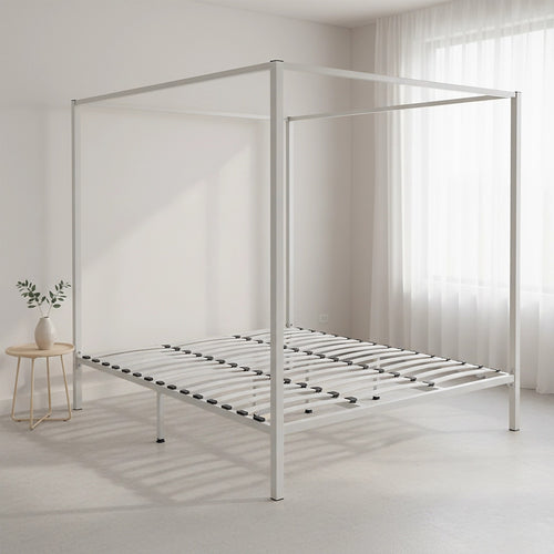 4-Poster King Bed Frame – Sturdy Cream Modern Canopy Bed for Bedroom