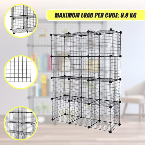 12 Cube Wire Grid Organiser Bookcase Storage Cabinet Wardrobe Closet Black