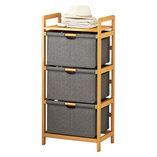 Bamboo Shelf with Storage Hamper – Wooden Organiser Rack with Three-Set Removable Laundry Bags