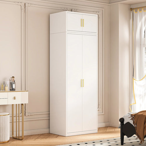 80x240cm 2-Door White Steel Hanging Wardrobe with Gold Handle Storage Cabinet