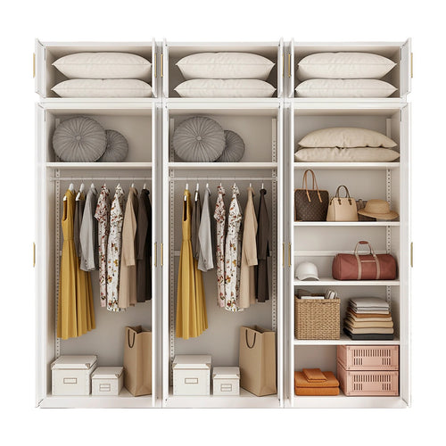 240x240cm 6-Door White Steel 2 Hanging and 1 Shelf Wardrobe with Gold Handle Storage Cabinet