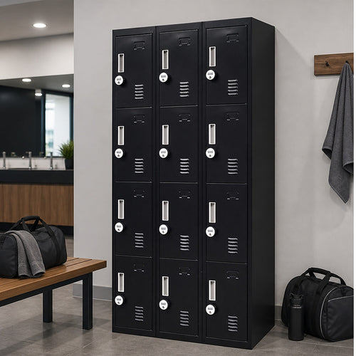 12-Door Steel Locker – Black, 4-Digit Combination Lock