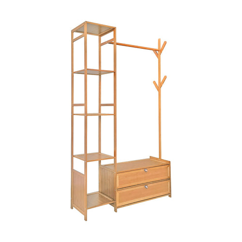 165x100cm Bamboo Clothes Rack Stand with Storage Shelves – Freestanding Garment Organiser in Wood