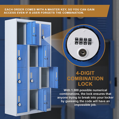 12-Door Locker – Grey with Blue Door with 4-Digit Combination Lock | Secure Storage for Office, Gym or School Use