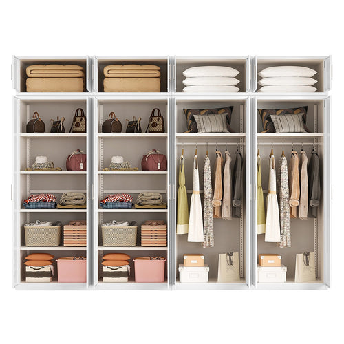 320x240cm 8-Door White Steel 2 Hanging and 2 Shelf Wardrobe with White Handle Storage Cabinet