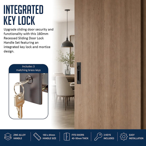 160mm Recessed Sliding Door Lock Handle Set with Key Lock for Pocket & Timber Doors