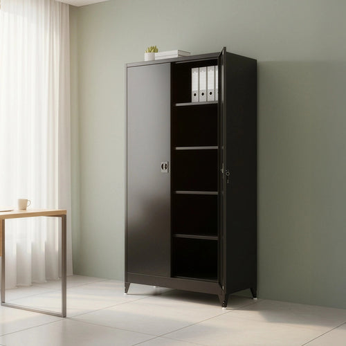 Double-Door Metal Cabinet with 4 Shelves – Office, Garage, or Home Storage in Black with Legs