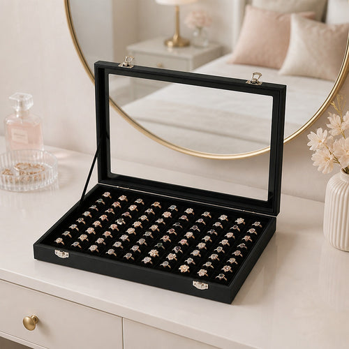 Jewellery Display Box with Glass Lid – 100 Slot Ring Storage