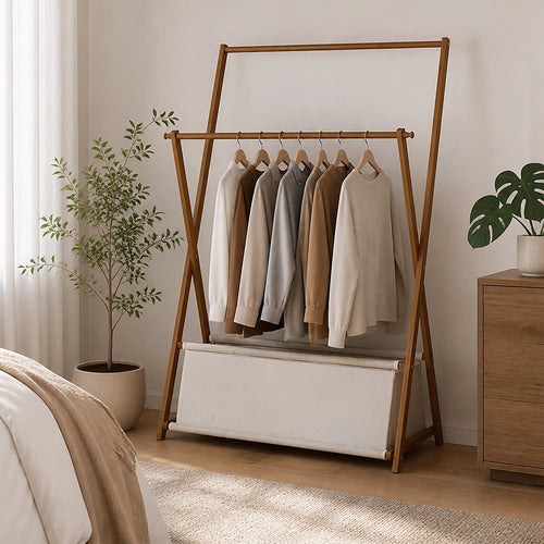 100x155cm Freestanding Clothes Rail Garment Rack in Dark Wood with Storage Shelf – Stylish, Space-Efficient Organiser