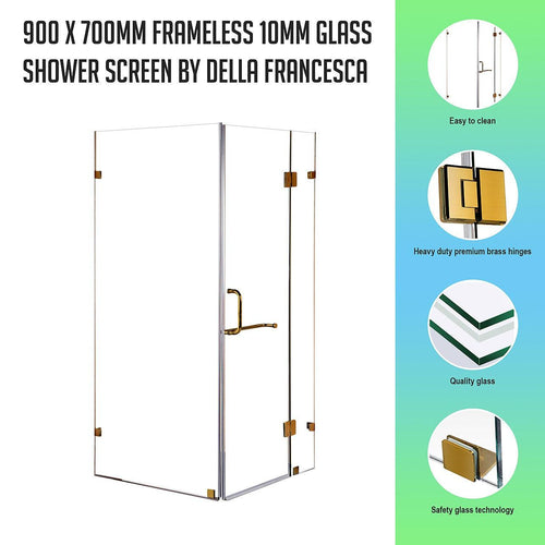 Frameless 10mm Glass Shower Screen 90 x 70cm GOLD Hinges/Brackets and ROUND Handle