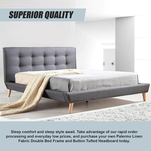 Double Linen Fabric Bed with Button Tufted Headboard - Grey