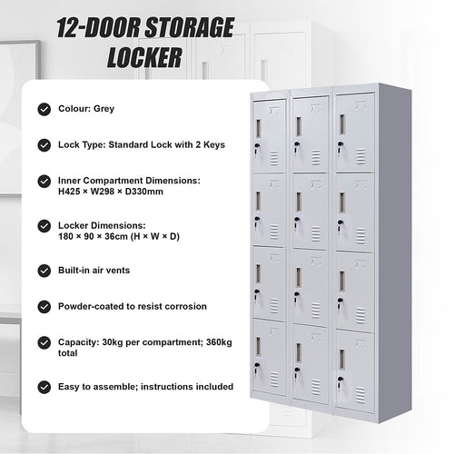 12-Door Steel Locker – Grey, Standard Lock with 2 Keys